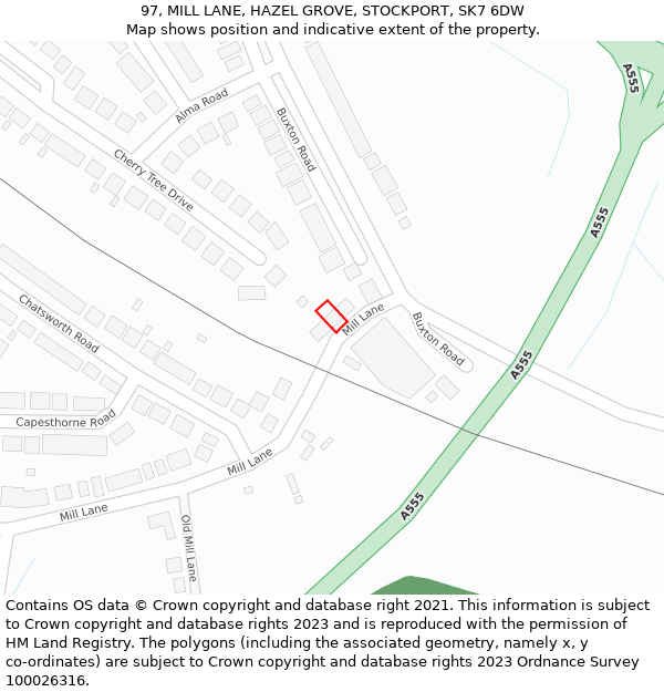 97, MILL LANE, HAZEL GROVE, STOCKPORT, SK7 6DW: Location map and indicative extent of plot