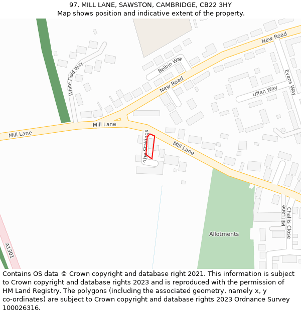 97, MILL LANE, SAWSTON, CAMBRIDGE, CB22 3HY: Location map and indicative extent of plot