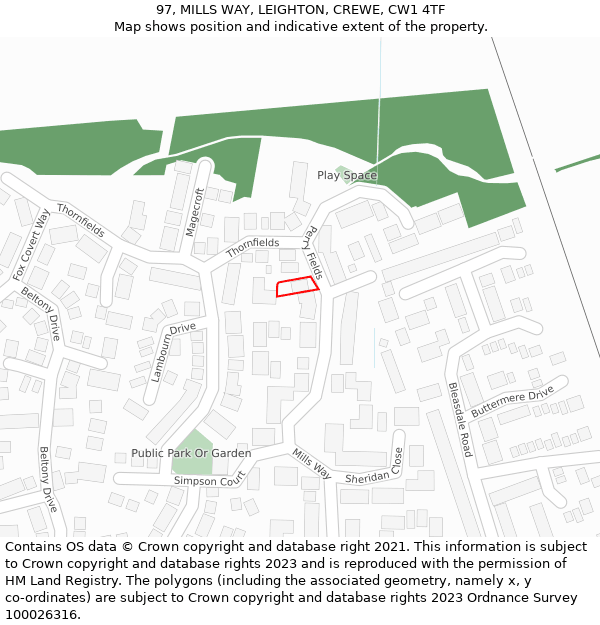 97, MILLS WAY, LEIGHTON, CREWE, CW1 4TF: Location map and indicative extent of plot