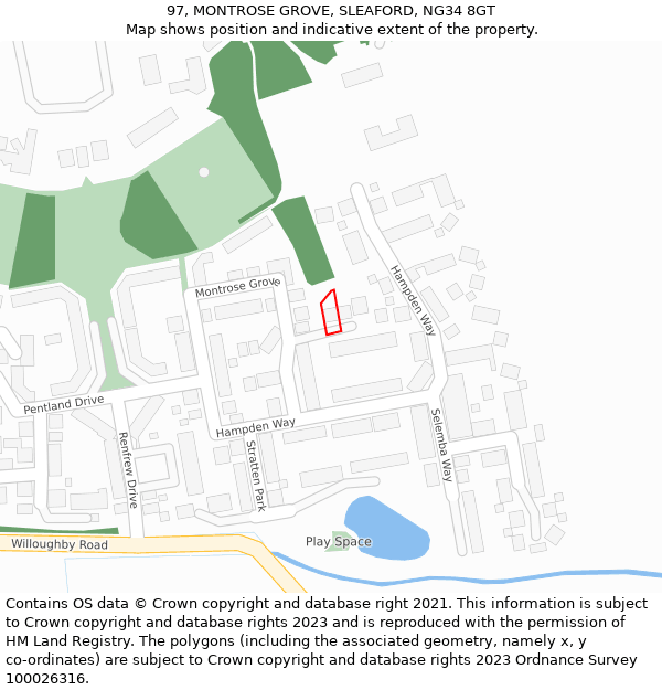 97, MONTROSE GROVE, SLEAFORD, NG34 8GT: Location map and indicative extent of plot