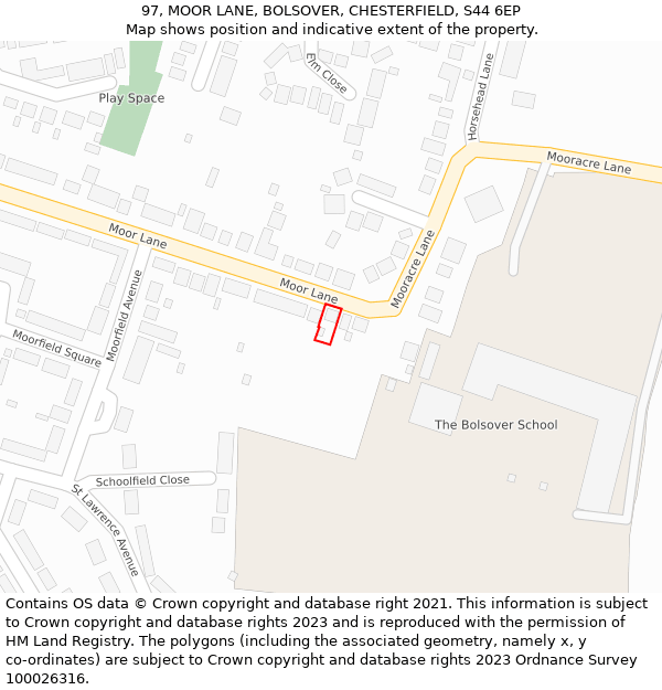 97, MOOR LANE, BOLSOVER, CHESTERFIELD, S44 6EP: Location map and indicative extent of plot