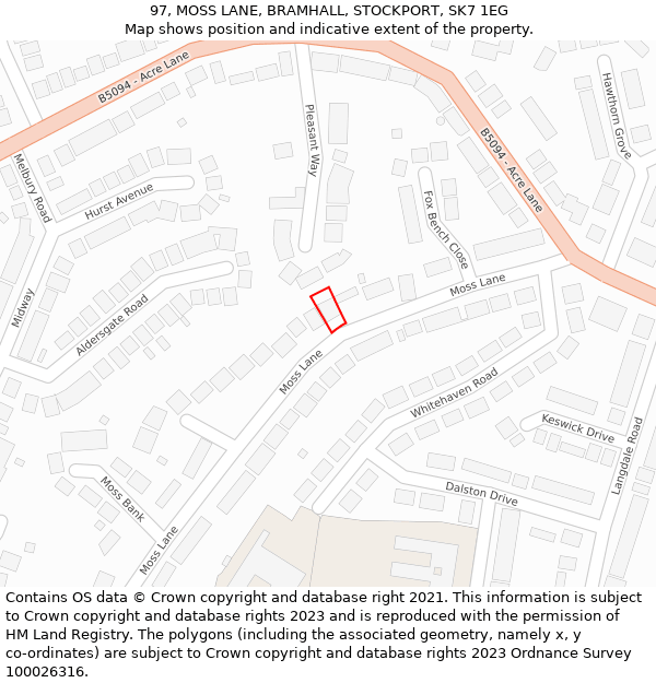 97, MOSS LANE, BRAMHALL, STOCKPORT, SK7 1EG: Location map and indicative extent of plot