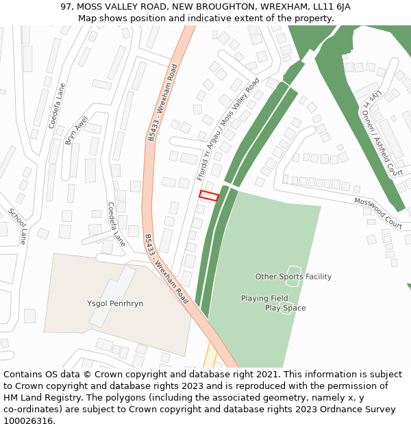 97, MOSS VALLEY ROAD, NEW BROUGHTON, WREXHAM, LL11 6JA: Location map and indicative extent of plot