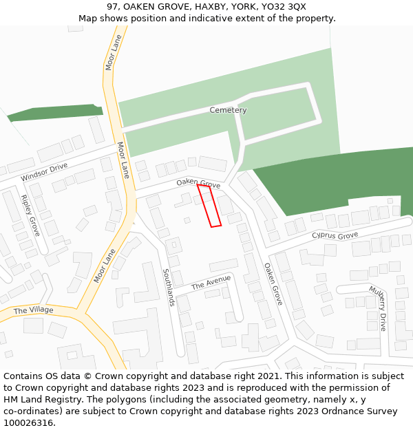 97, OAKEN GROVE, HAXBY, YORK, YO32 3QX: Location map and indicative extent of plot