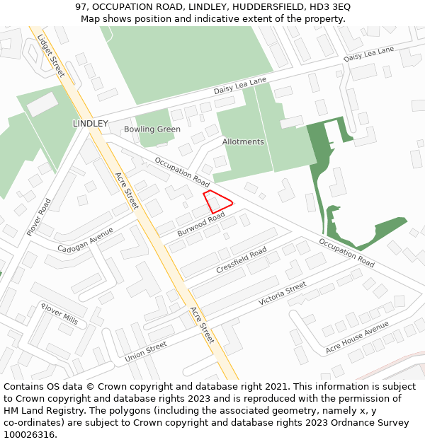 97, OCCUPATION ROAD, LINDLEY, HUDDERSFIELD, HD3 3EQ: Location map and indicative extent of plot