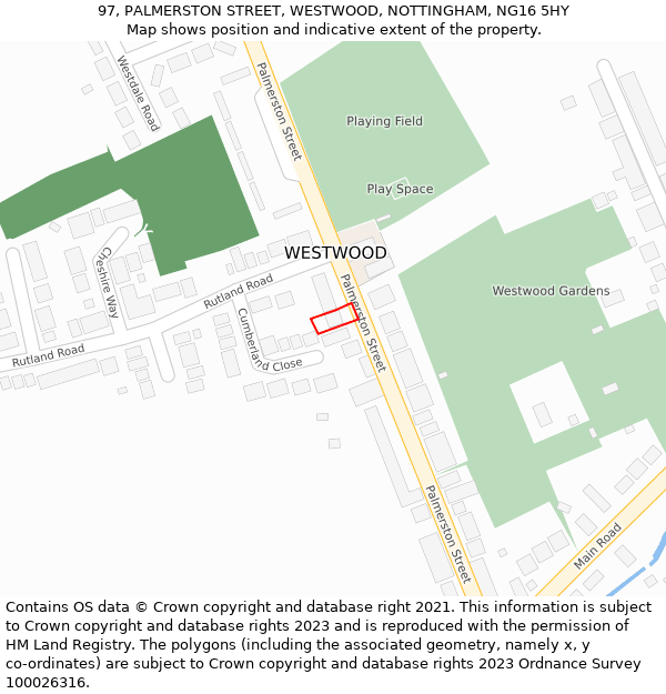 97, PALMERSTON STREET, WESTWOOD, NOTTINGHAM, NG16 5HY: Location map and indicative extent of plot