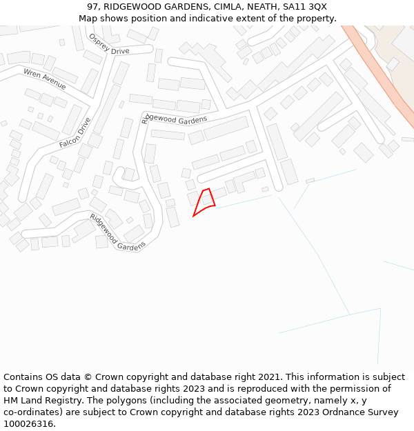 97, RIDGEWOOD GARDENS, CIMLA, NEATH, SA11 3QX: Location map and indicative extent of plot