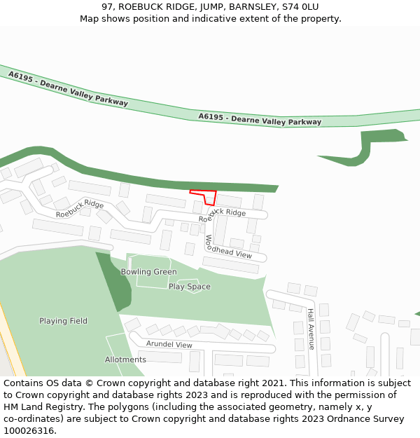 97, ROEBUCK RIDGE, JUMP, BARNSLEY, S74 0LU: Location map and indicative extent of plot