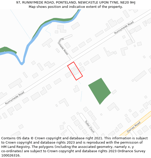 97, RUNNYMEDE ROAD, PONTELAND, NEWCASTLE UPON TYNE, NE20 9HJ: Location map and indicative extent of plot