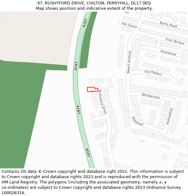 97, RUSHYFORD DRIVE, CHILTON, FERRYHILL, DL17 0EQ: Location map and indicative extent of plot