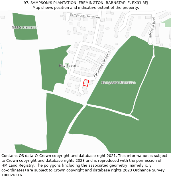 97, SAMPSON'S PLANTATION, FREMINGTON, BARNSTAPLE, EX31 3FJ: Location map and indicative extent of plot