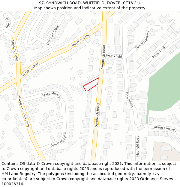 97, SANDWICH ROAD, WHITFIELD, DOVER, CT16 3LU: Location map and indicative extent of plot