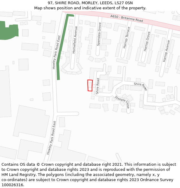 97, SHIRE ROAD, MORLEY, LEEDS, LS27 0SN: Location map and indicative extent of plot