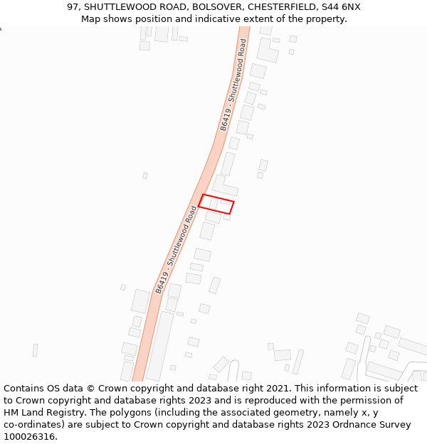 97, SHUTTLEWOOD ROAD, BOLSOVER, CHESTERFIELD, S44 6NX: Location map and indicative extent of plot