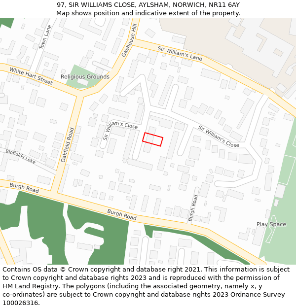 97, SIR WILLIAMS CLOSE, AYLSHAM, NORWICH, NR11 6AY: Location map and indicative extent of plot