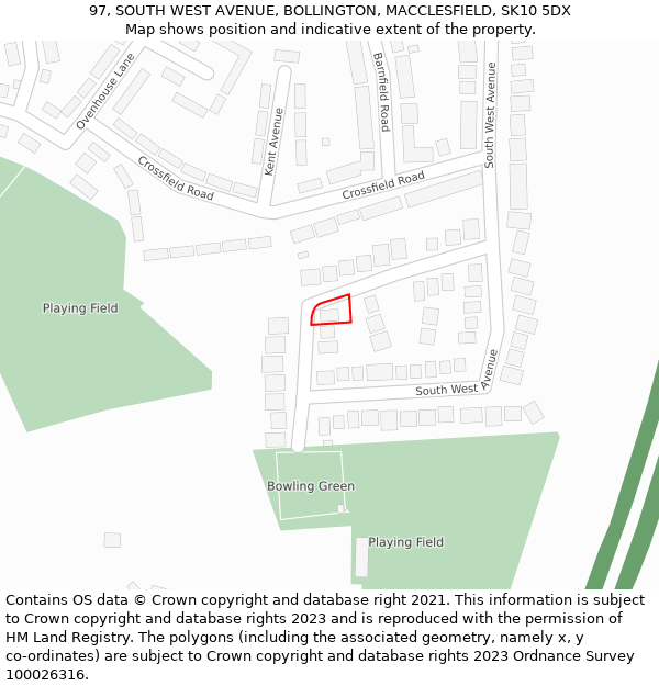 97, SOUTH WEST AVENUE, BOLLINGTON, MACCLESFIELD, SK10 5DX: Location map and indicative extent of plot