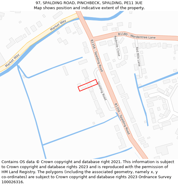 97, SPALDING ROAD, PINCHBECK, SPALDING, PE11 3UE: Location map and indicative extent of plot