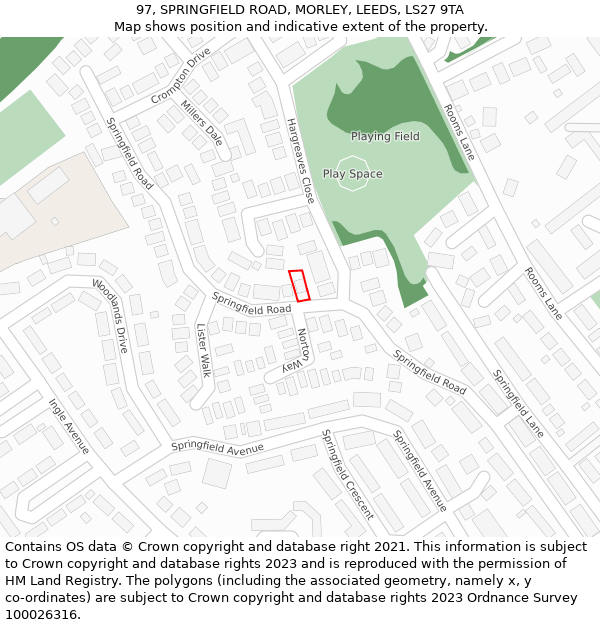 97, SPRINGFIELD ROAD, MORLEY, LEEDS, LS27 9TA: Location map and indicative extent of plot