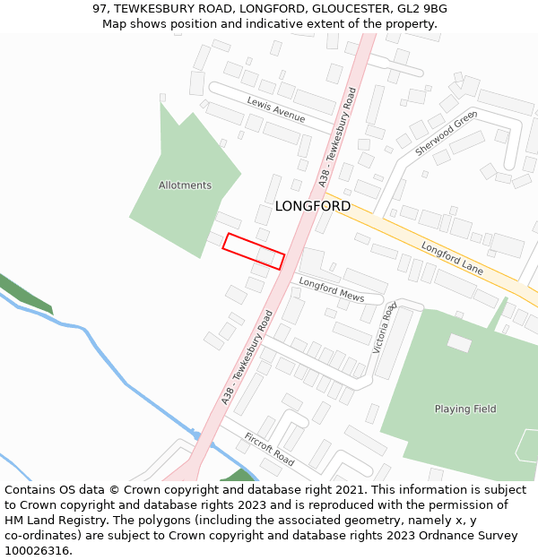 97, TEWKESBURY ROAD, LONGFORD, GLOUCESTER, GL2 9BG: Location map and indicative extent of plot