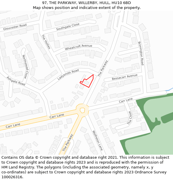 97, THE PARKWAY, WILLERBY, HULL, HU10 6BD: Location map and indicative extent of plot