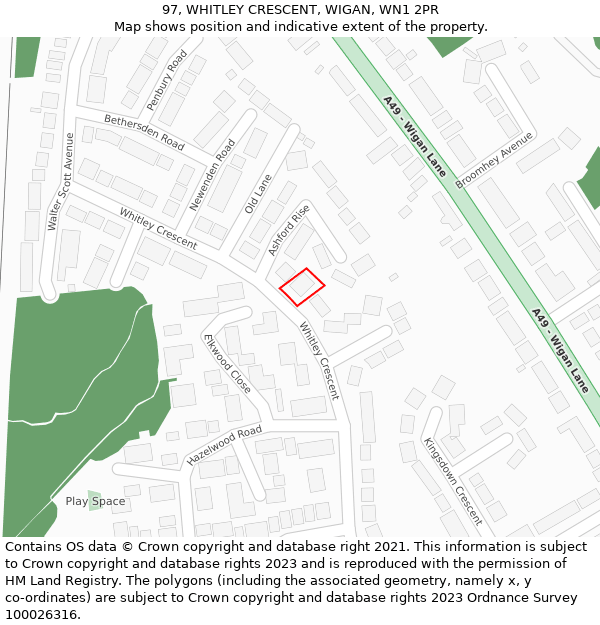 97, WHITLEY CRESCENT, WIGAN, WN1 2PR: Location map and indicative extent of plot