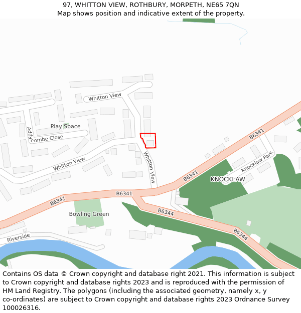 97, WHITTON VIEW, ROTHBURY, MORPETH, NE65 7QN: Location map and indicative extent of plot