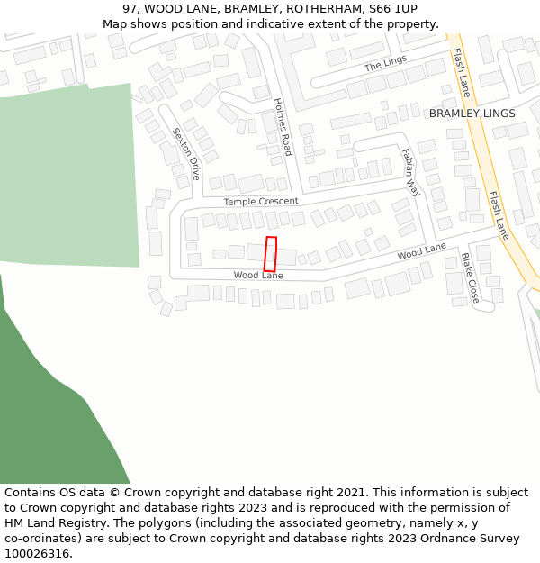 97, WOOD LANE, BRAMLEY, ROTHERHAM, S66 1UP: Location map and indicative extent of plot