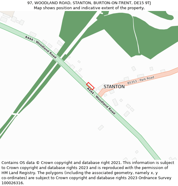 97, WOODLAND ROAD, STANTON, BURTON-ON-TRENT, DE15 9TJ: Location map and indicative extent of plot