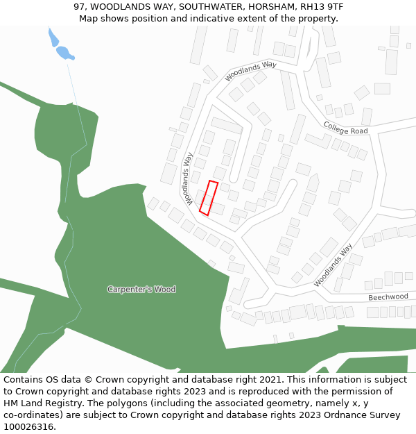 97, WOODLANDS WAY, SOUTHWATER, HORSHAM, RH13 9TF: Location map and indicative extent of plot