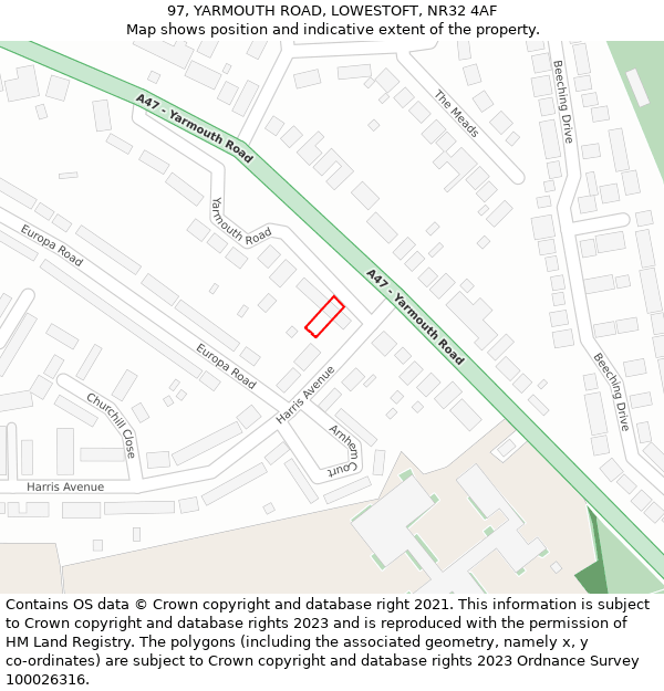 97, YARMOUTH ROAD, LOWESTOFT, NR32 4AF: Location map and indicative extent of plot