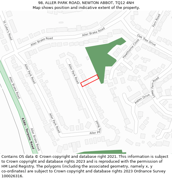 98, ALLER PARK ROAD, NEWTON ABBOT, TQ12 4NH: Location map and indicative extent of plot