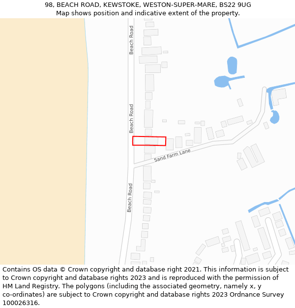 98, BEACH ROAD, KEWSTOKE, WESTON-SUPER-MARE, BS22 9UG: Location map and indicative extent of plot