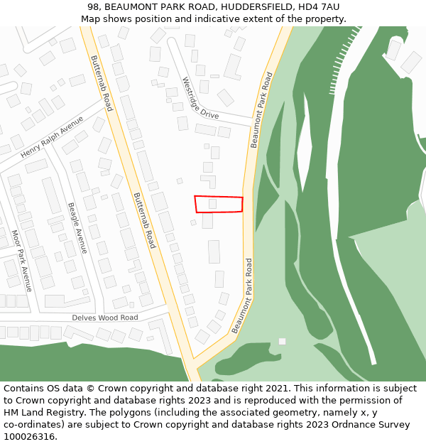 98, BEAUMONT PARK ROAD, HUDDERSFIELD, HD4 7AU: Location map and indicative extent of plot