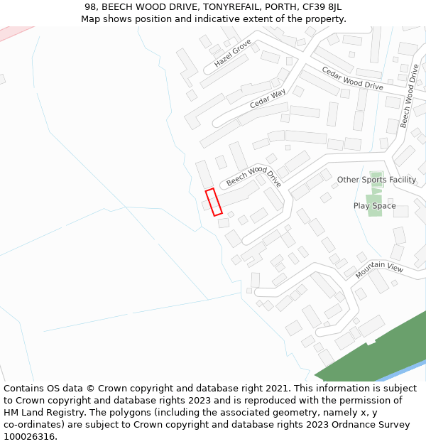 98, BEECH WOOD DRIVE, TONYREFAIL, PORTH, CF39 8JL: Location map and indicative extent of plot