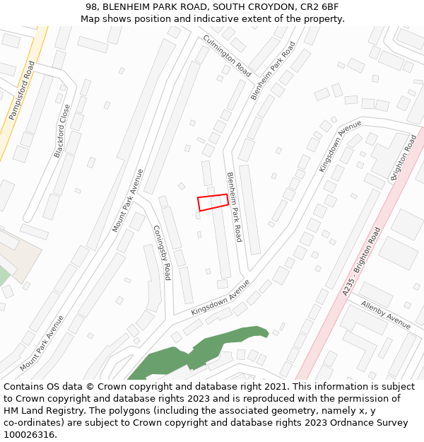 98, BLENHEIM PARK ROAD, SOUTH CROYDON, CR2 6BF: Location map and indicative extent of plot