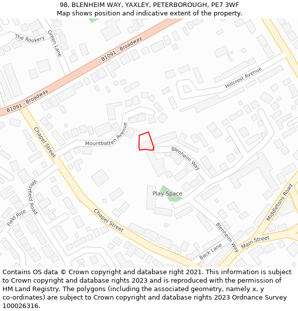 98, BLENHEIM WAY, YAXLEY, PETERBOROUGH, PE7 3WF: Location map and indicative extent of plot