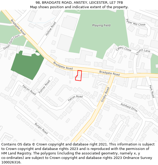 98, BRADGATE ROAD, ANSTEY, LEICESTER, LE7 7FB: Location map and indicative extent of plot