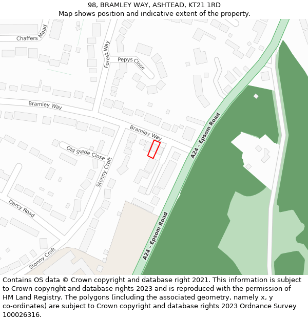 98, BRAMLEY WAY, ASHTEAD, KT21 1RD: Location map and indicative extent of plot
