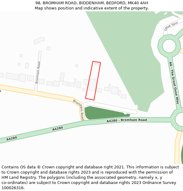 98, BROMHAM ROAD, BIDDENHAM, BEDFORD, MK40 4AH: Location map and indicative extent of plot