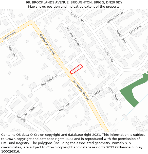 98, BROOKLANDS AVENUE, BROUGHTON, BRIGG, DN20 0DY: Location map and indicative extent of plot