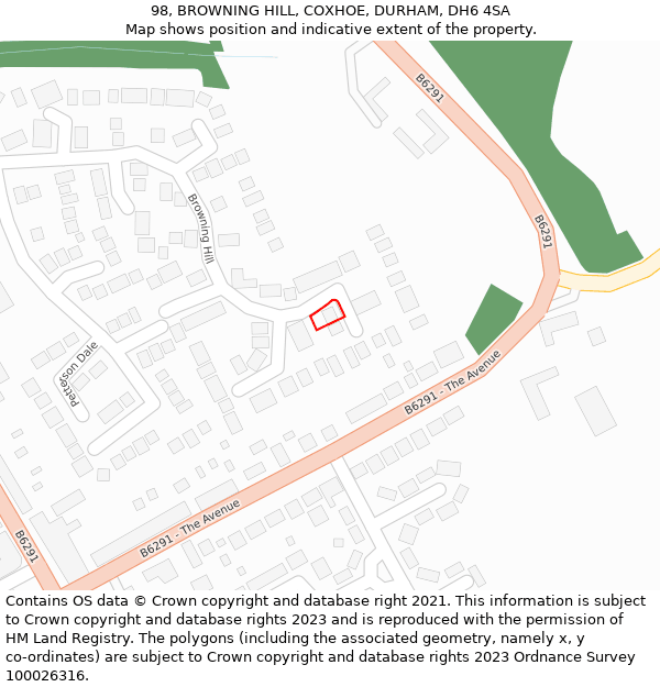 98, BROWNING HILL, COXHOE, DURHAM, DH6 4SA: Location map and indicative extent of plot