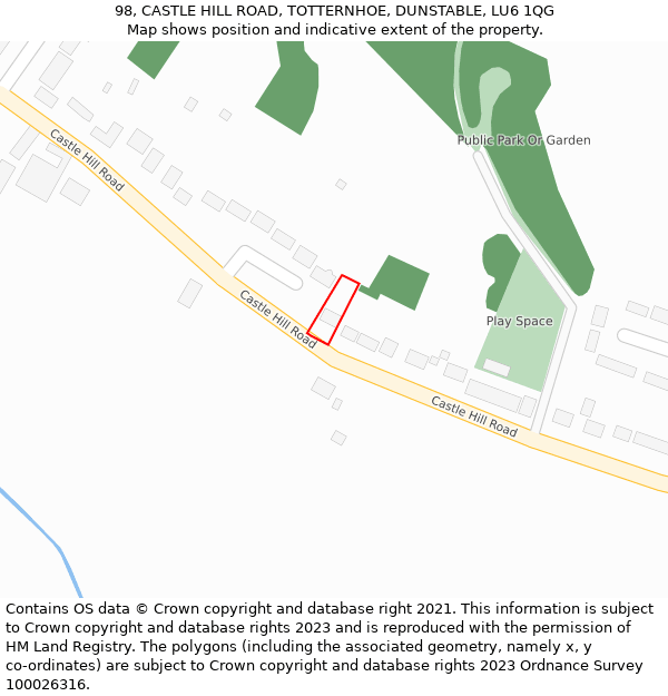 98, CASTLE HILL ROAD, TOTTERNHOE, DUNSTABLE, LU6 1QG: Location map and indicative extent of plot