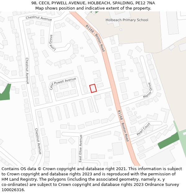 98, CECIL PYWELL AVENUE, HOLBEACH, SPALDING, PE12 7NA: Location map and indicative extent of plot