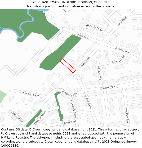 98, CHASE ROAD, LINDFORD, BORDON, GU35 0RR: Location map and indicative extent of plot