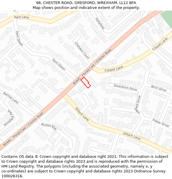 98, CHESTER ROAD, GRESFORD, WREXHAM, LL12 8PA: Location map and indicative extent of plot