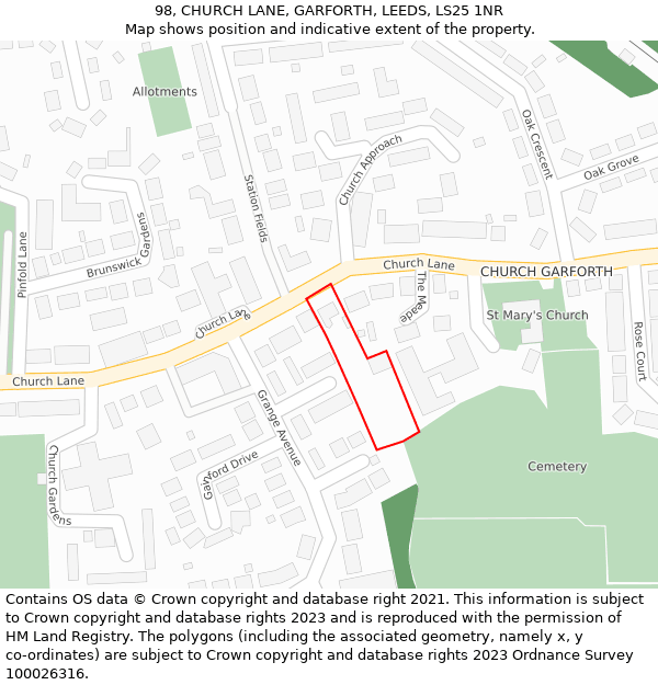 98, CHURCH LANE, GARFORTH, LEEDS, LS25 1NR: Location map and indicative extent of plot
