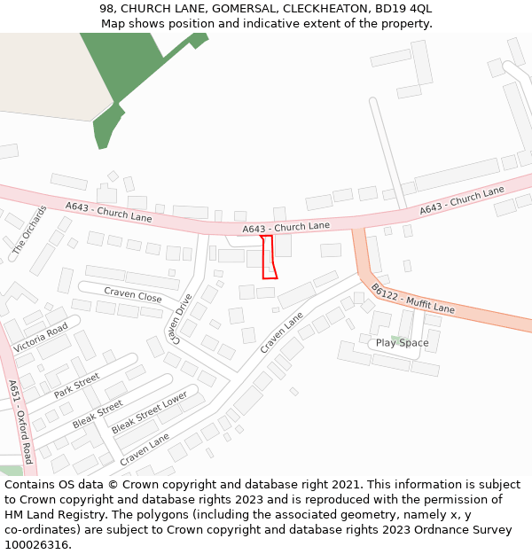 98, CHURCH LANE, GOMERSAL, CLECKHEATON, BD19 4QL: Location map and indicative extent of plot