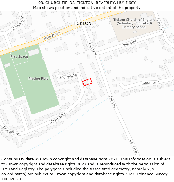 98, CHURCHFIELDS, TICKTON, BEVERLEY, HU17 9SY: Location map and indicative extent of plot