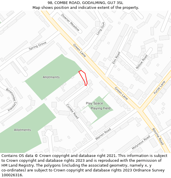 98, COMBE ROAD, GODALMING, GU7 3SL: Location map and indicative extent of plot