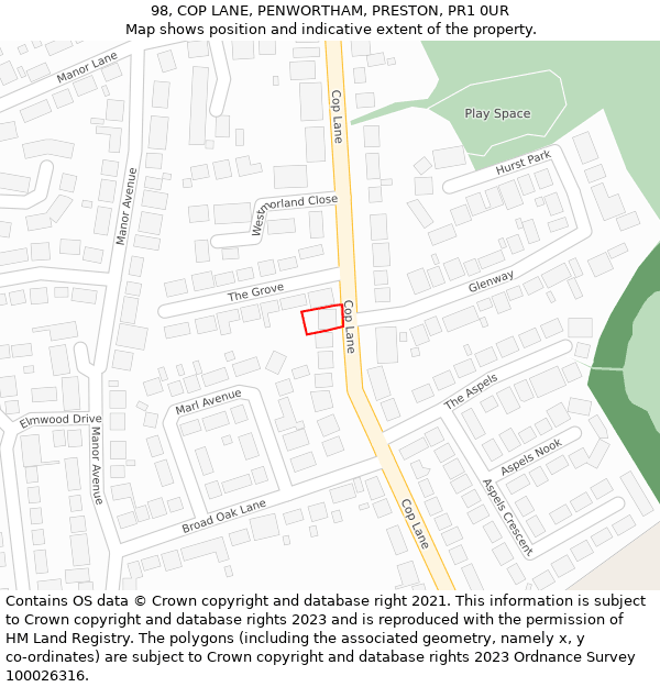 98, COP LANE, PENWORTHAM, PRESTON, PR1 0UR: Location map and indicative extent of plot